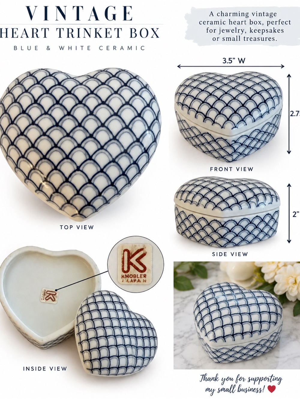 Knobler Japan Heart Shaped Porcelain Trinket Box Blue White Scallop Pattern